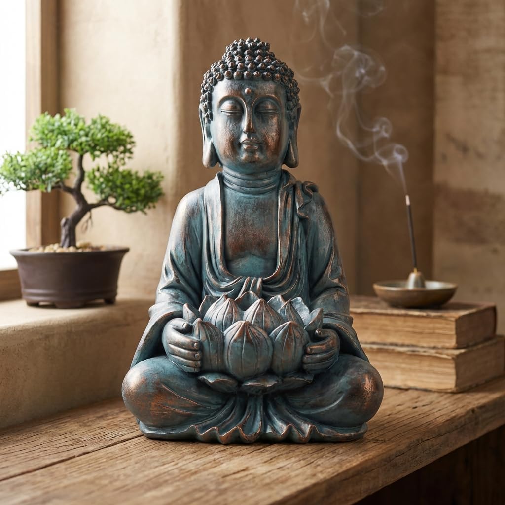 TERESA'S COLLECTIONS Gartendeko für draussen,Buddha Figur Garten Solarleuchte Harz sitzende Budda St