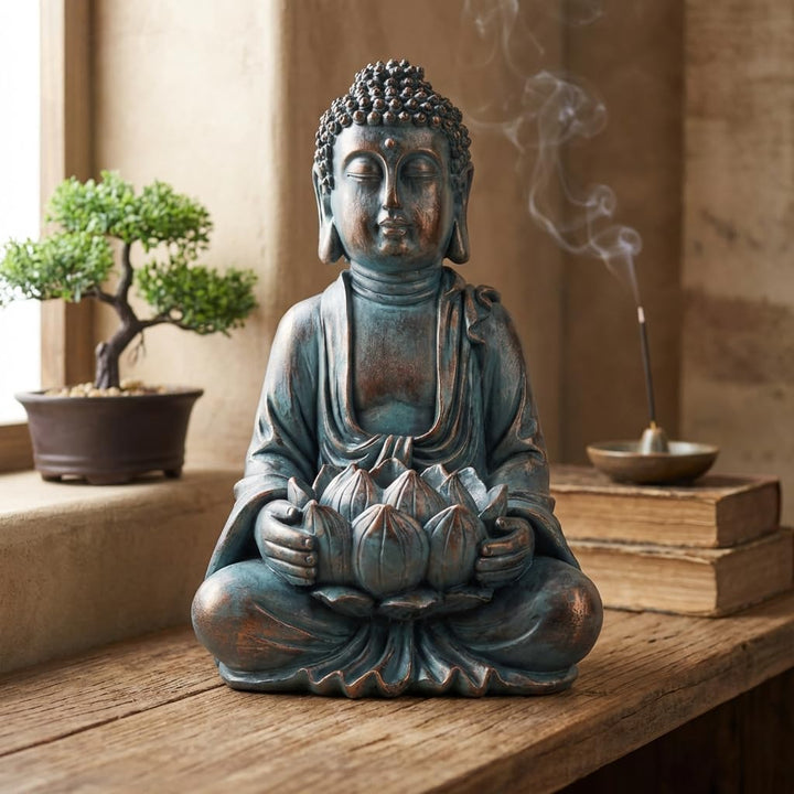 TERESA'S COLLECTIONS Gartendeko für draussen,Buddha Figur Garten Solarleuchte Harz sitzende Budda St