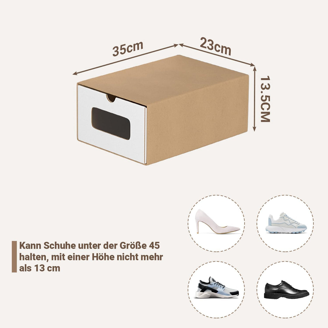 10x Schuhaufbewahrung WEISS/BRAUN mit Sichtfenster – Faltbare Aufbewahrungsbox 35×23×13,5 cm Stapelb