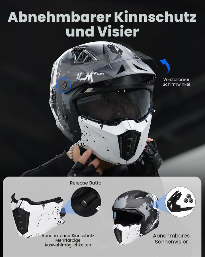 ILM Helm Motorrad Motocross Herren Damen Vintage Retro mit Visier ECE Model Z302,Schädel Matt, XL XL