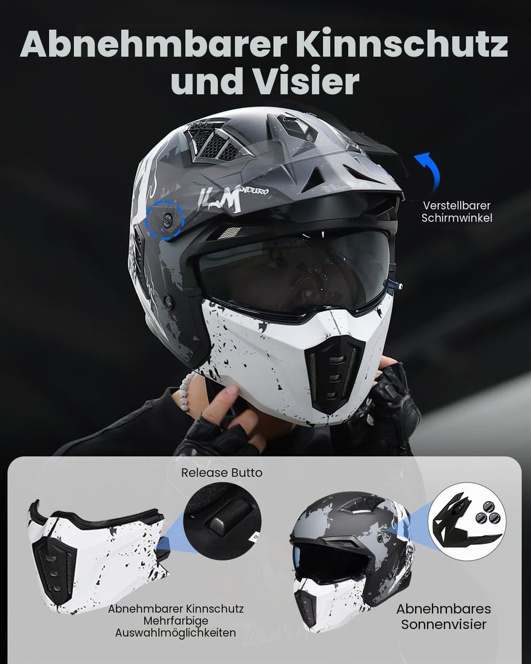 ILM Helm Integralhelm | Jethelm Motorrad Motocross Herren Damen Vintage Retro mit Visier ECE mit ans