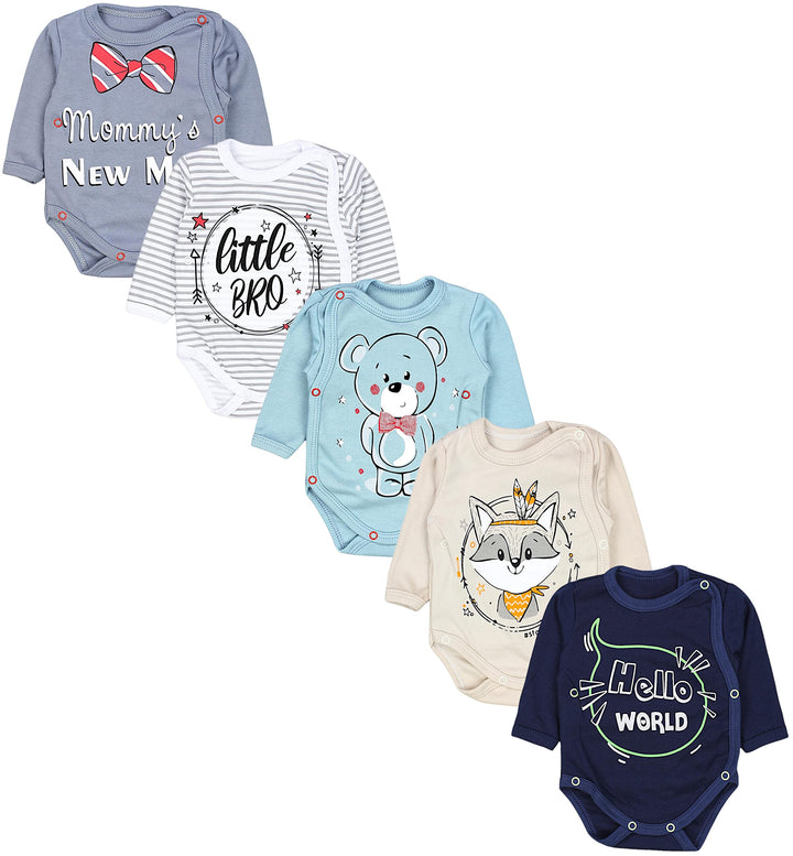 TupTam Baby Unisex Langarm Wickelbody Print/Uni 5er Pack 56 Little Bro Blau Grau Bärchen Fuchs Beige