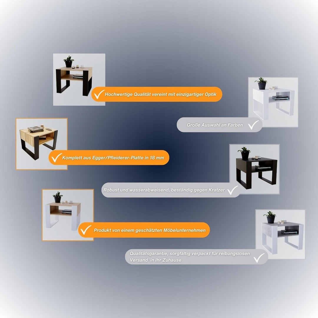 CraftPAK Wohnzimmer Tisch für Couch aus hochwertigem Holz, Stabiler & moderner Couchtisch mit zusätz