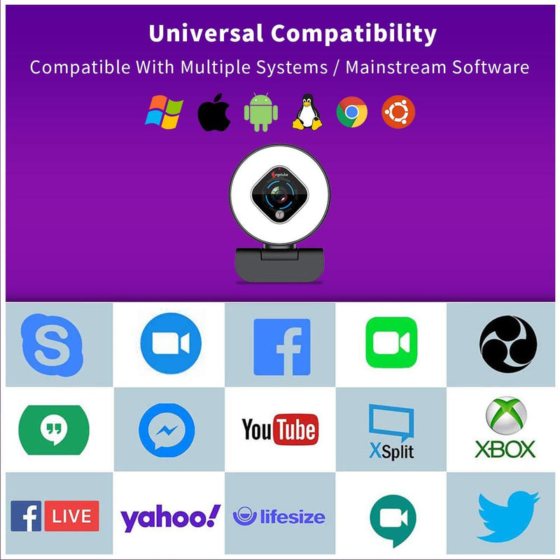 Angetube Streaming Webcam 1080P mit Ringlicht, HD-Webkamera mit Digitalzoom Autofokus für Computer P