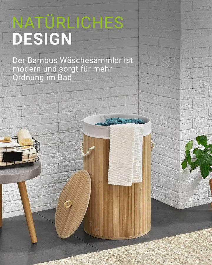 Juskys Bambus Wäschekorb Curly-Round Natur 55L - Hygienischer & Faltbarer Wäschekorb mit Deckel, Tra