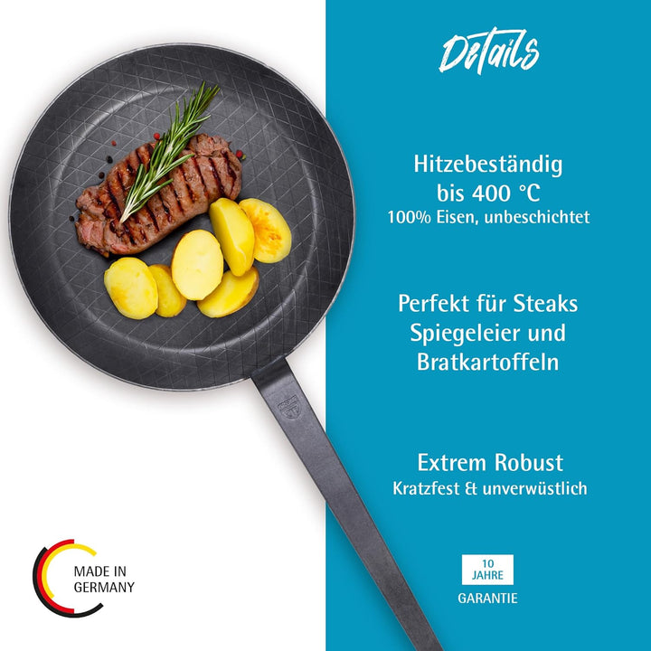 GRÄWE Schmiedeeiserne Bratpfanne F400, Ø 28 cm, Eisenpfanne mit Wender, 400° C hitzebeständig, Pfann