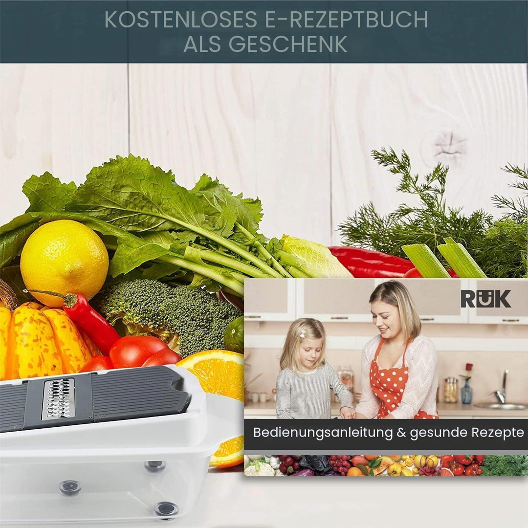 RüK 22-in-1 Gemüseschneider Zwiebelschneider, Mandoline Gemüsehobel, Zerkleinerer, Obstschneider - V