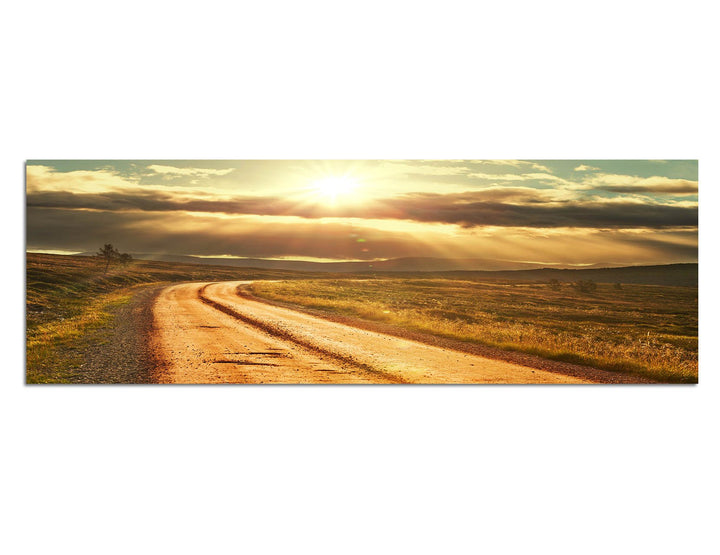 Paul Sinus Art Panoramabild auf Leinwand und Keilrahmen 150x50cm Norwegen Wiesen Strasse Sonnenunter