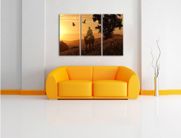 Pixxprint EIN Cowboy im Sonnenuntergang als Leinwandbild | Grösse: 3 Teilig (120x80) | Wandbild| Kun
