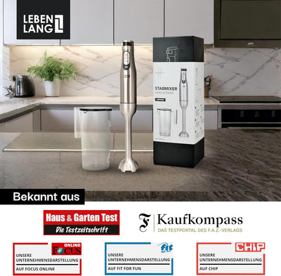 LEBENLANG Premium 1200W Stabmixer Edelstahl - Inkl. 1000ml Messbecher & Spritzschutz I Stufenlos ver