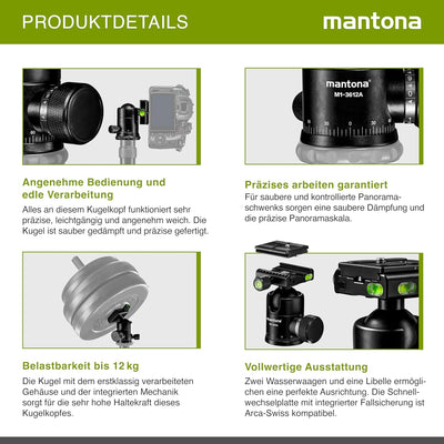 Mantona Onyx 12 Kugelkopf (M1-3612A) Arca-Swiss kompatible Schnellwechselplatte 50 mm, professionell