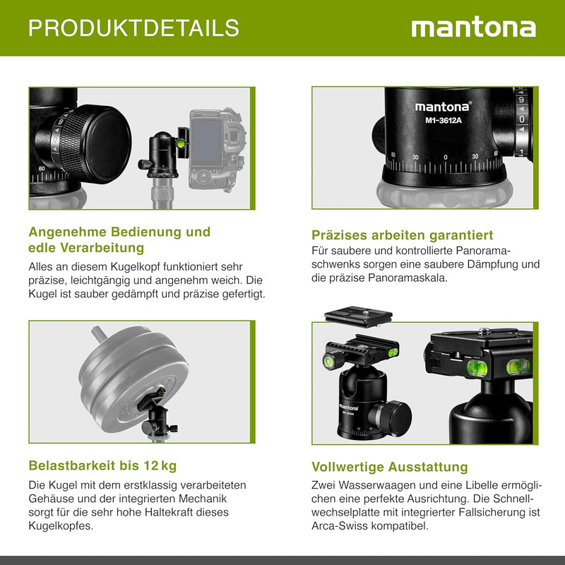 Mantona Onyx 12 Kugelkopf (M1-3612A) Arca-Swiss kompatible Schnellwechselplatte 50 mm, professionell