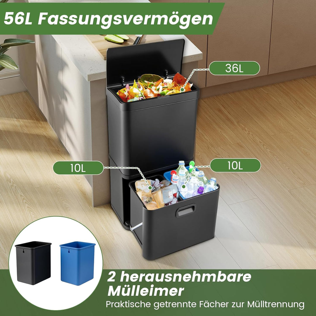 COSTWAY Mülleimer 3 Fächer, 56L Mülltrennsystem inkl. 2 ausnehmbaren Abfallbehältern, 2 x 10L + 36 L