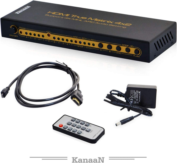 Leicke Kanaan 4x2 UHD-Matrix HDMI 1.4 | 4K, 2K, 1080p etc. | Fernbedienung | ARC | SPDIF | Dolby 5.1