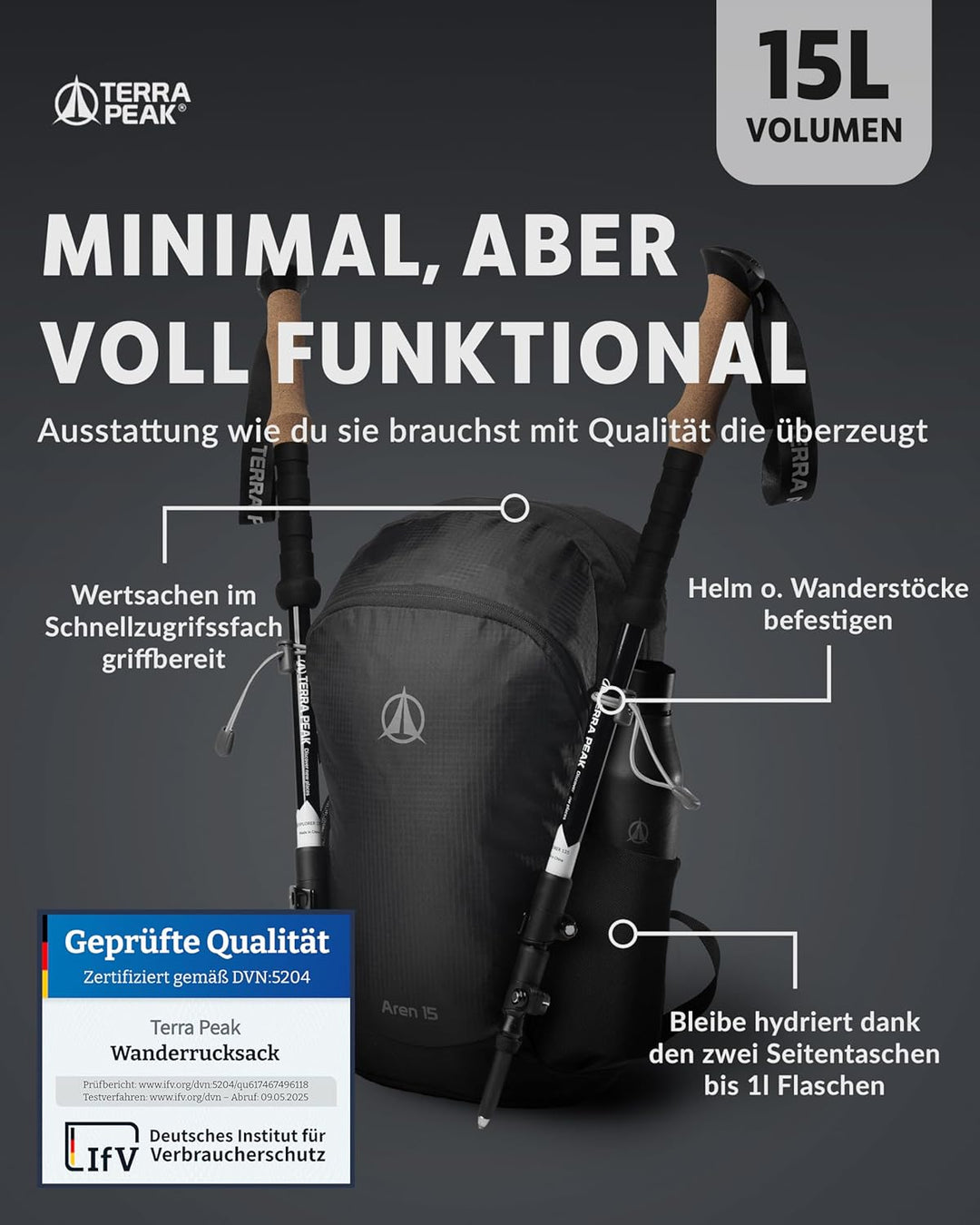 Terra Peak® Premium Wanderrucksack 15L (AREN) für Damen & Herren klein & extra leicht mit Rückenbelü