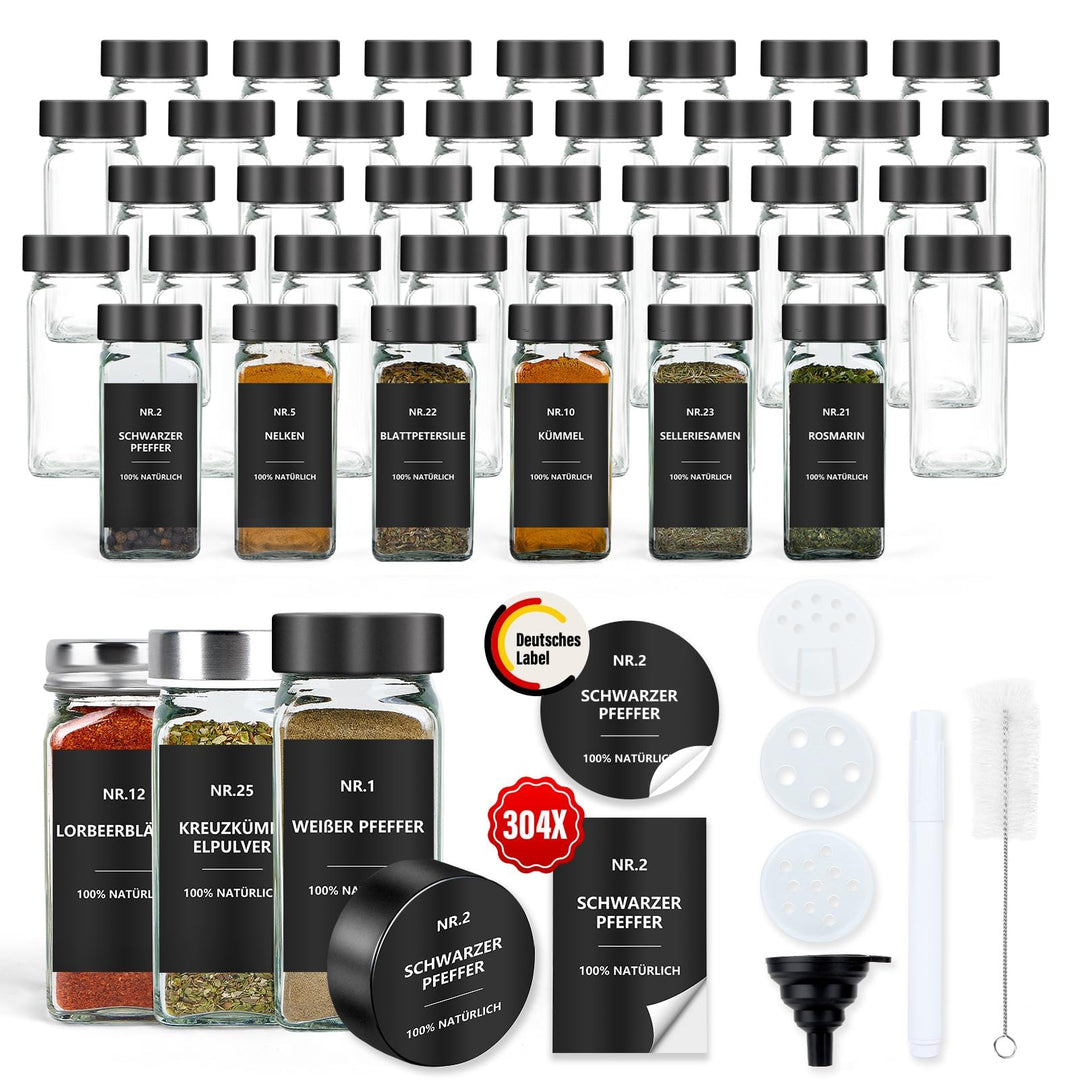 Gewürzgläser Eckig mit Etiketten Set 36er: Kleine Gewürzdosen Glas 120ml mit Streueinsatz Wasserfest