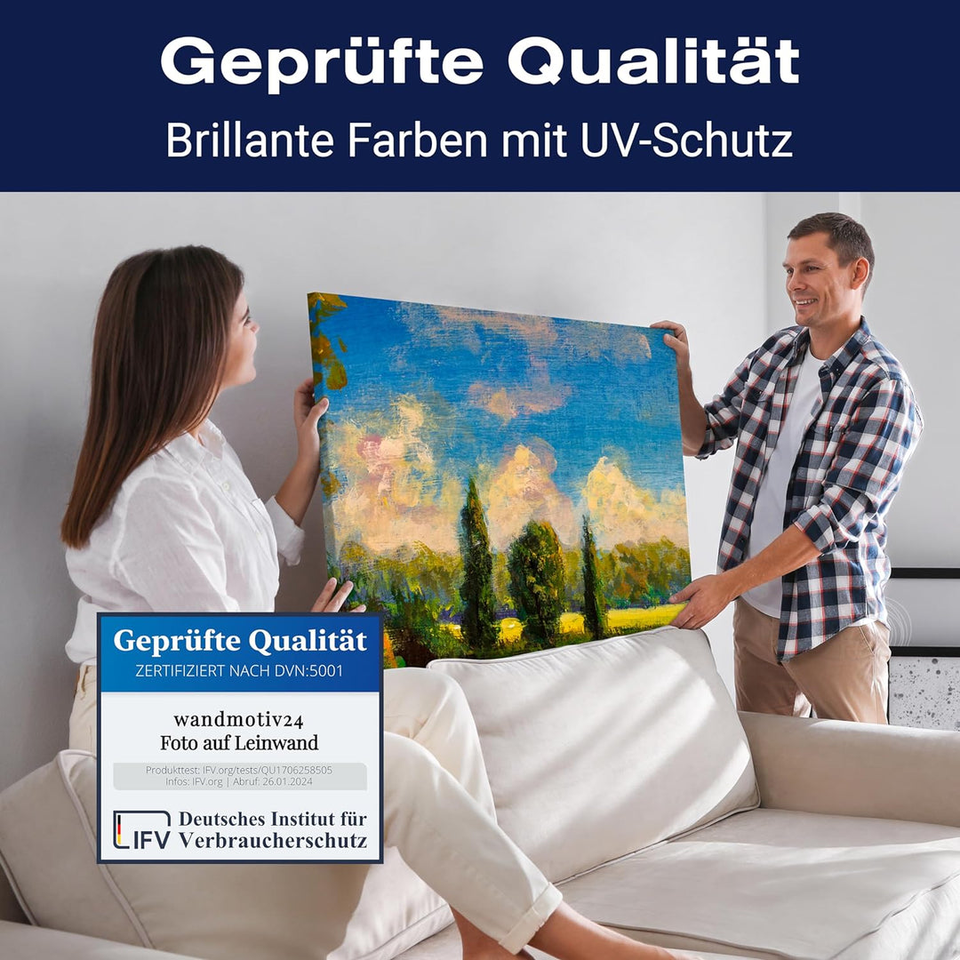 wandmotiv24 Leinwandbild Malerei, 80x60cm, Querformat, Wald, Wolken, Landschaft, Deko, Bilder auf Le