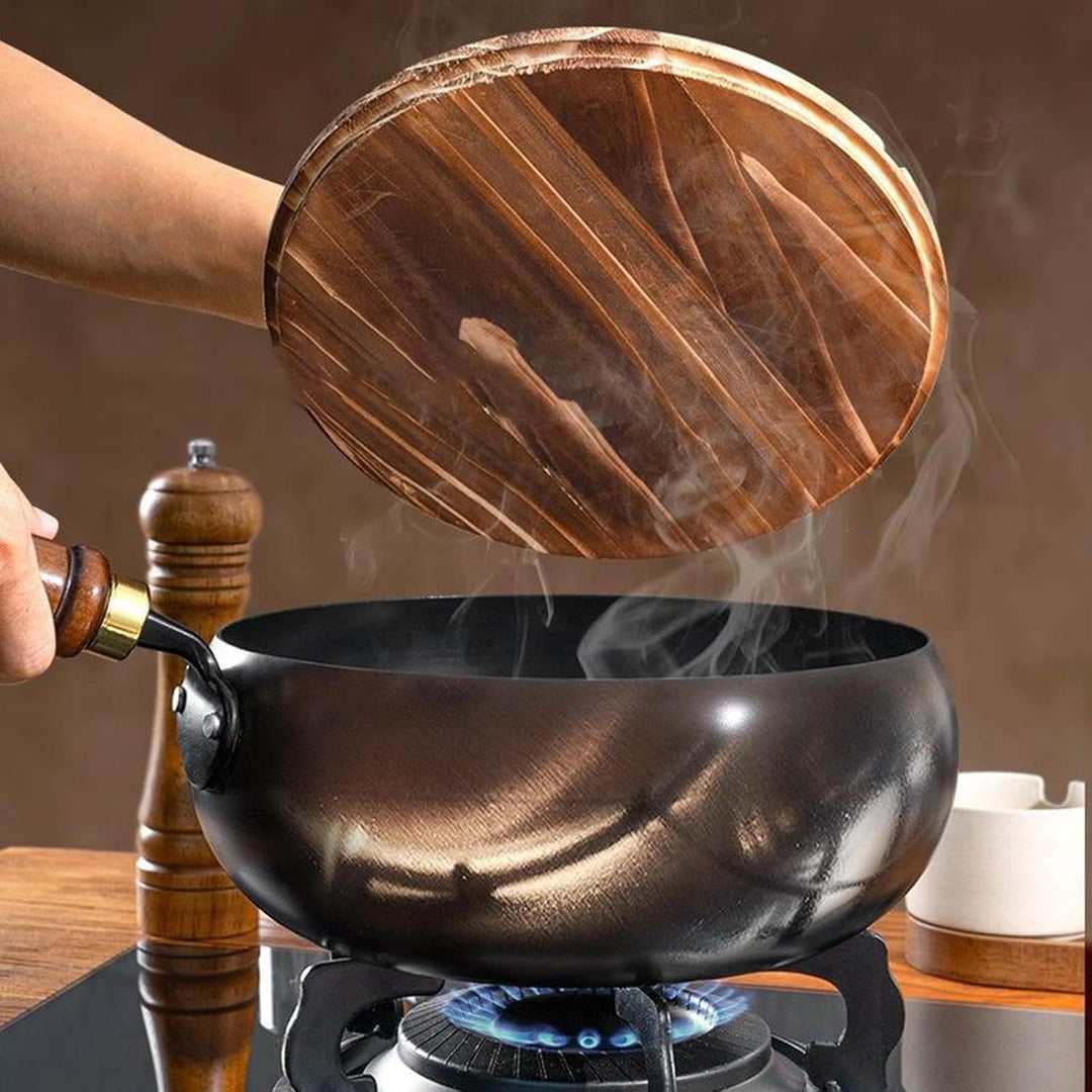 Generisch Eisenpfanne mit Holzgriff, 24cm Wokpfanne Induktion, Japanische Eisenpfanne mit Holzdeckel