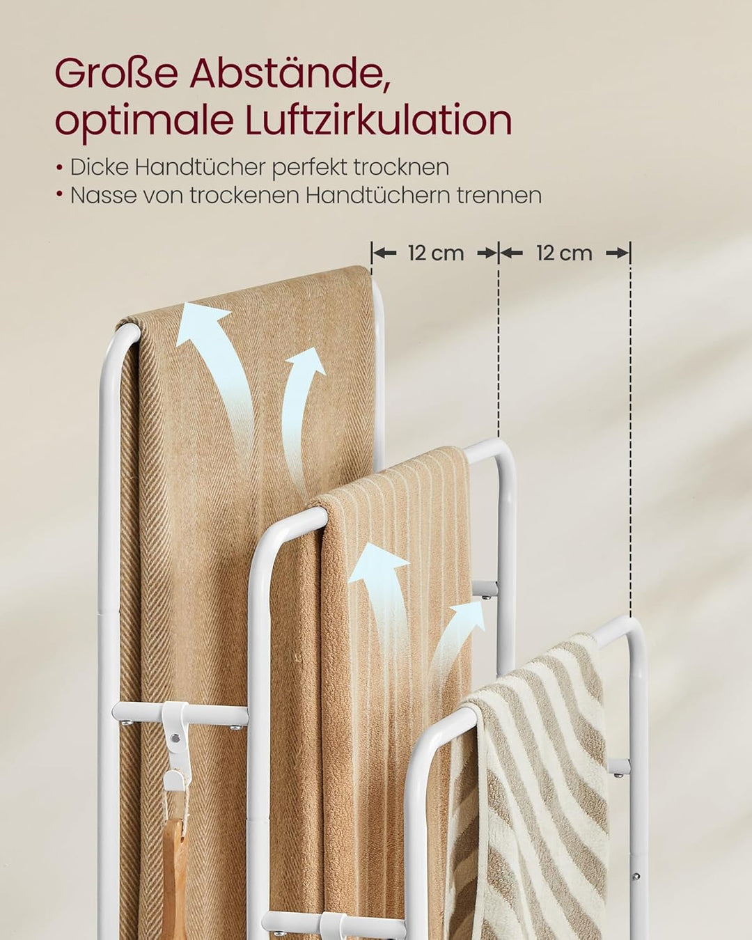 VASAGLE Handtuchhalter, stehend, Handtuchständer 3 Stangen, 70 x 30 x 100 cm, 2 Haken, Ablage, für D