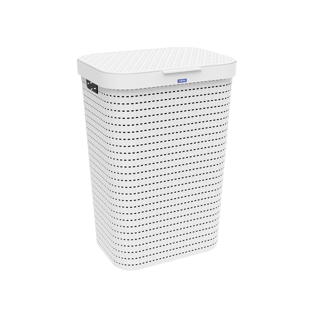 Rotho Country Wäschesammler Kunststoff mit Deckel 55l | Wäschekorb schmall in Rattan-Optik | Deckel
