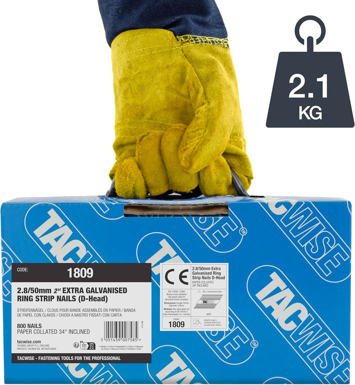 Tacwise 1809 Extra Verzinkte Rahmennägel 2,8/50 mm, 34°, 800 Stück | D-Kopf, Ringschaft, mit 34° Nei