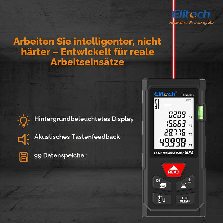 Elitech LDM-50-Series Laser Entfernungsmesser 50m Reichweite, ±2mm Genauigkeit, Flächen-/Volumen-/Py