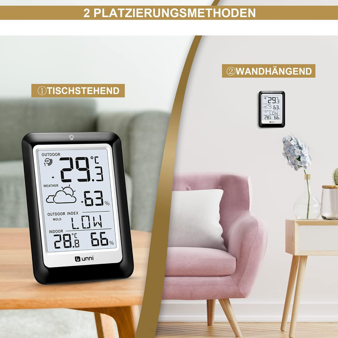 Funk Wetterstation mit Aussensensor Batteriebetrieb, Wettervorhersage Funkwetterstation 100M/330FT,