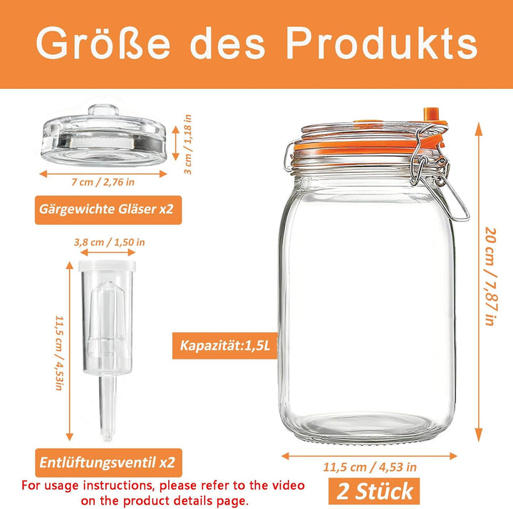2 Stück 1,5L Gärglas, Fermentationsglas mit Gärventi und Gewicht, Fermentiergläser mit Luftschleusen