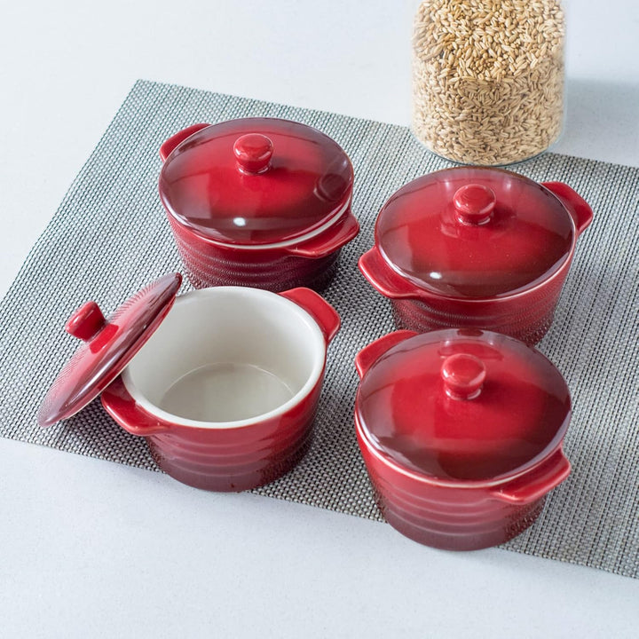 Auflaufform Klein 250ml X 4er, Soufflé Förmchen Mit Deckel - Rot, Creme Brulee Schälchen aus Porzell