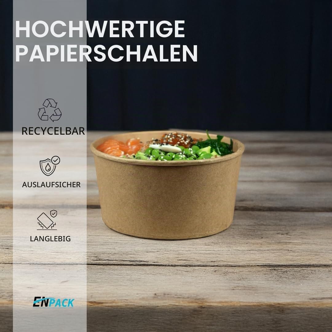 Enpack - 750ml Pappschalen für Lebensmittel aus Kraft Papier mit RPET Deckel 100 Stück - Einweg Papp