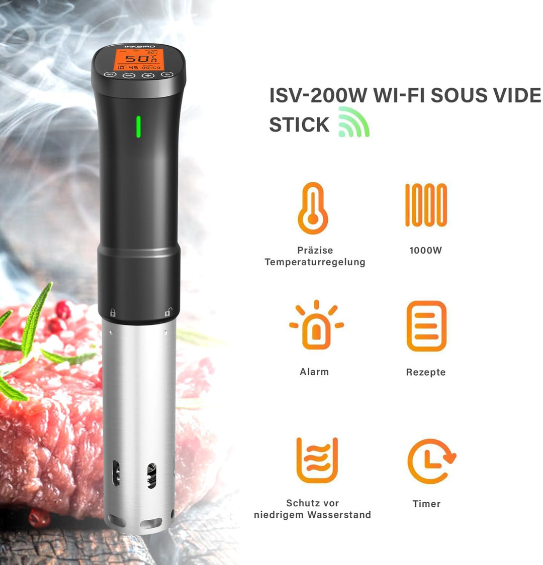 Inkbird Sous Vide Stick 1000 Watt,ISV-200W Sous Vide Garer App-Steuerung,360° Zirkulation,0℃-90℃ Tem