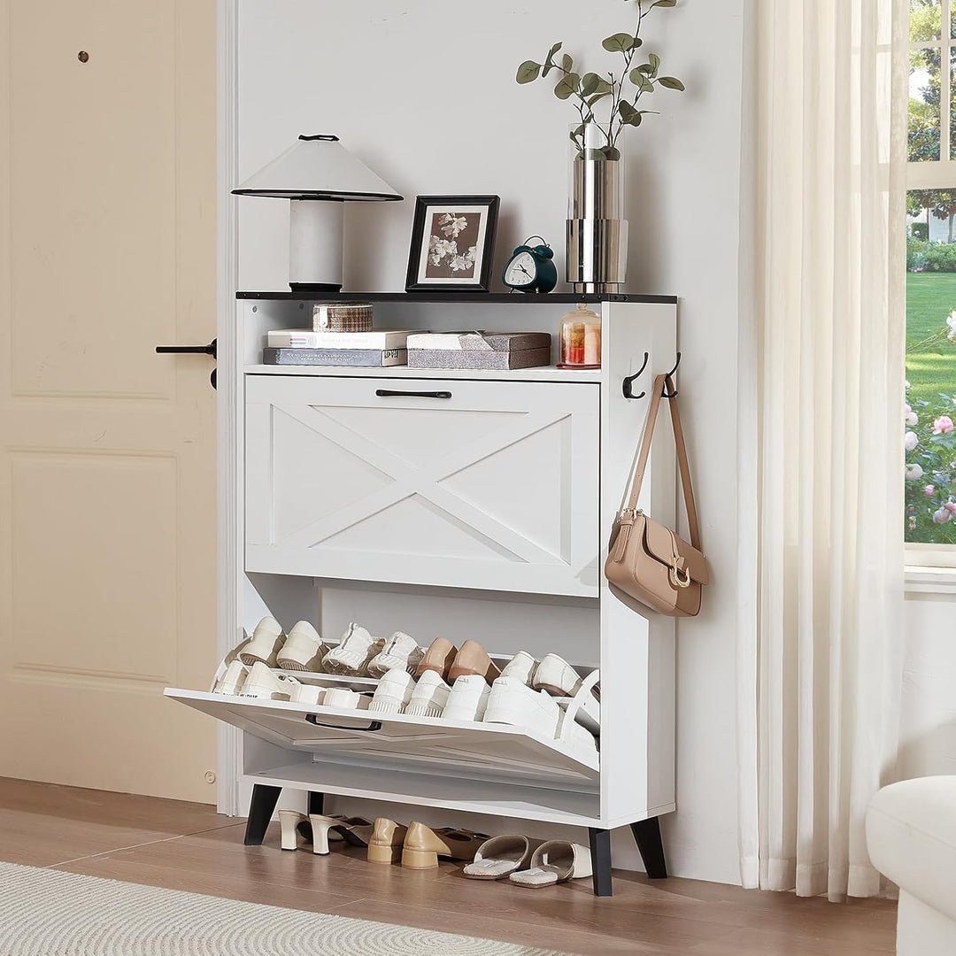 LELELINKY Schuhschrank mit 2 Klapp-Schubladen – Landhaus weiss Schuhorganizer für Flur – Schmaler Sc