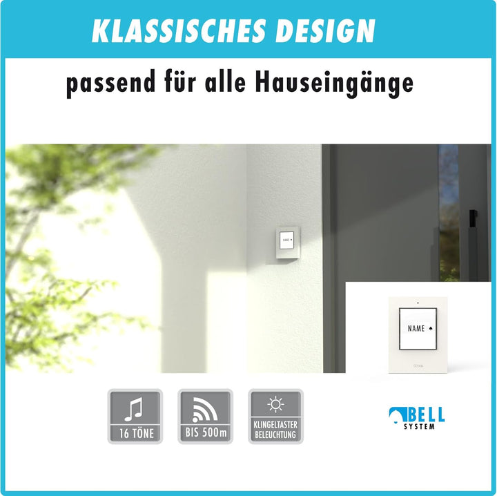 m-e Funkklingel BELL-521 AC Weiss mit Sender und Empfänger für 1-Familienhaus, Erweiterbare kabellos