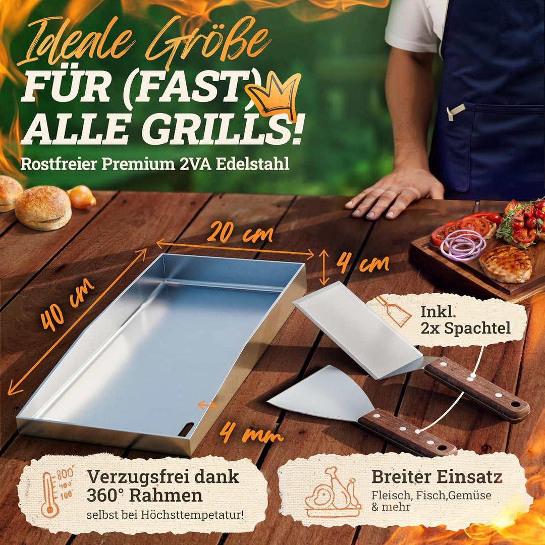 [BUNDLE] Plancha Edelstahl Grillplatte [20x40cm] + Burger-Smasher Set – 4x Grillspachtel & Burger Sm