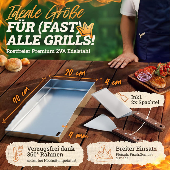 [BUNDLE] Plancha Edelstahl Grillplatte [20x40cm] + Burger-Smasher Set – 4x Grillspachtel & Burger Sm