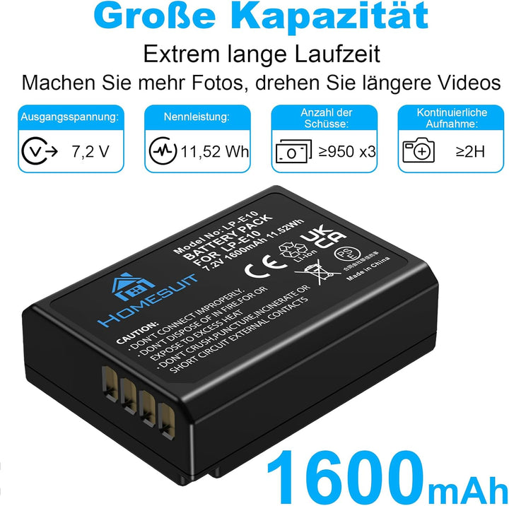 Homesuit LP-E10 Akku 1600 mAh und lp-e10 Ladegerät für Canon EOS 1100D, EOS 1200D, EOS 1300D, EOS 20