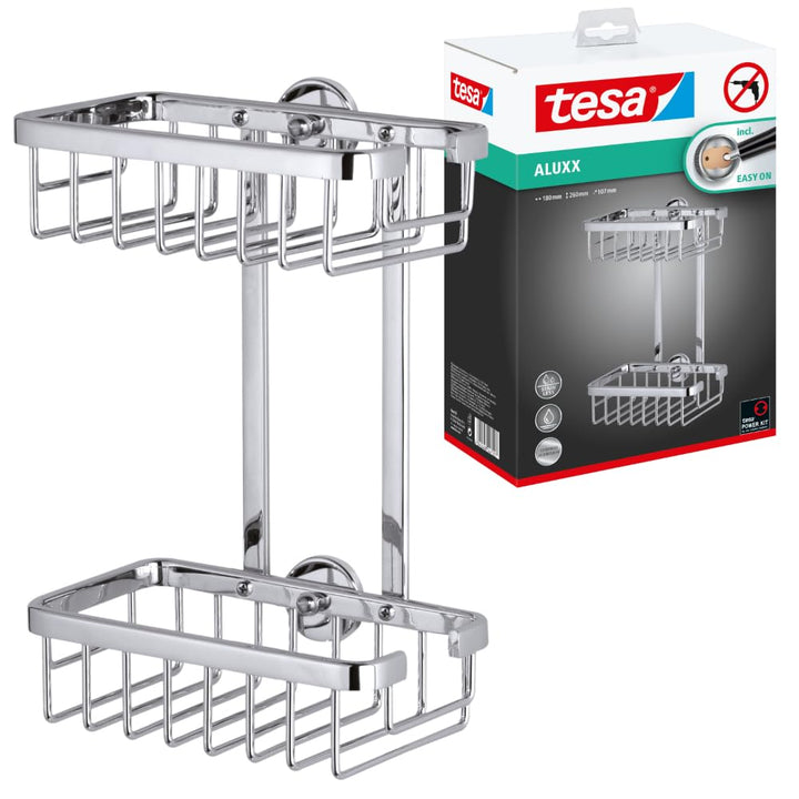 tesa ALUXX Duschregal ohne Bohren, Aluminium, verchromt, rostfrei, zweistöckig, inkl. Klebelösung, 1