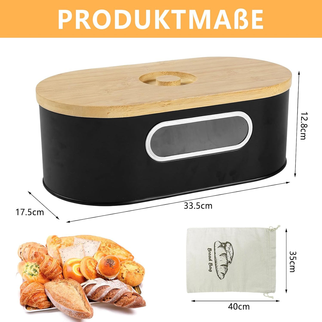 Brotkasten mit Bambusdeckel und Leinen-Brotbeutel | Metall Brot Aufbewahren mit Belüftungslöcher, Br