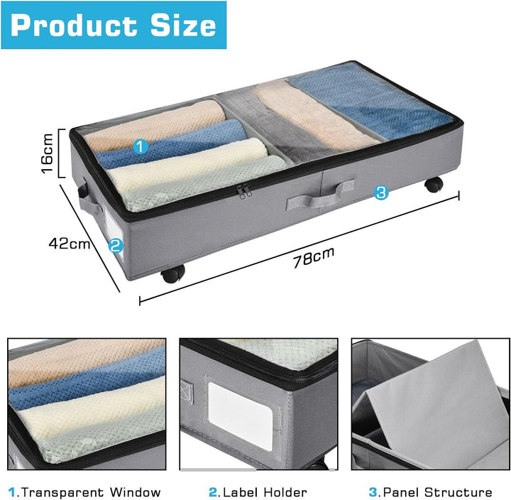 Xtsuen 2 Stück Unterbett Aufbewahrung, Unterbettkommode mit Rollen 360° Drehung and Metallrahmen, Fa