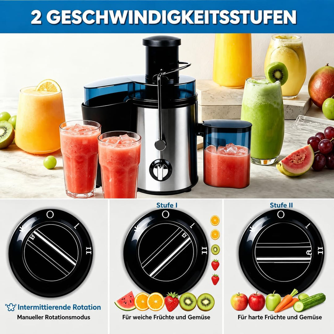 Elektrischer Entsafter 1000W, Saftpresse mit 2 Geschwindigkeitsstufen, Edelstahl Zentrifugalentsafte