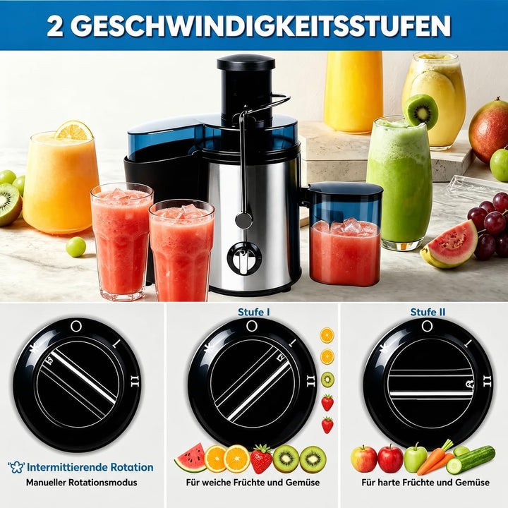 Elektrischer Entsafter 1000W, Saftpresse mit 2 Geschwindigkeitsstufen, Edelstahl Zentrifugalentsafte