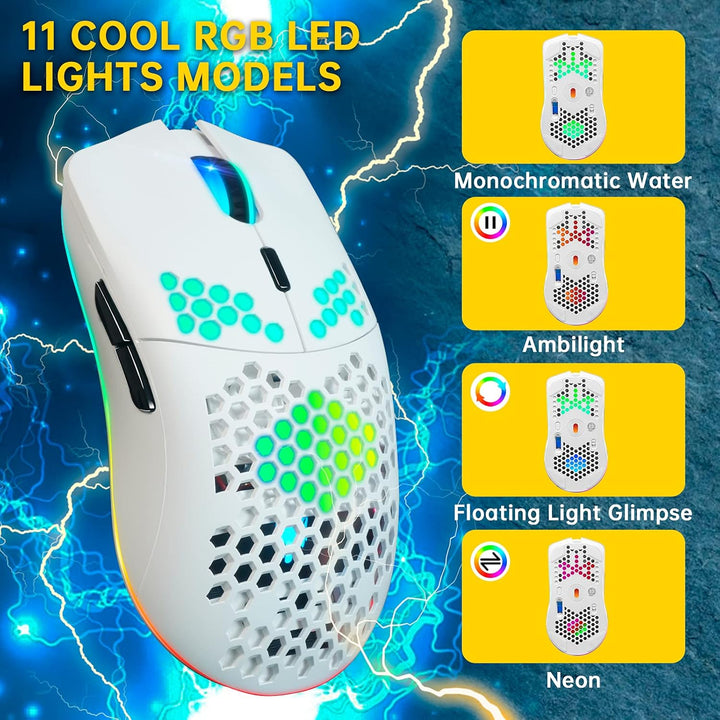 XZXWZX Kabellose Gaming-Maus mit Wabenstruktur, 11 Hintergrundbeleuchtung, RGB Chrom, 3.400 DPI, 6 p