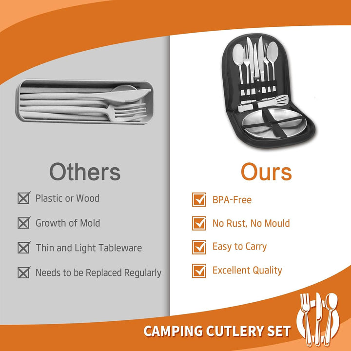 Camping Geschirr 2/4 Personen, 11/21PCS Camping Zubehör Camping Besteck Set Edelstahl Picknick Zubeh