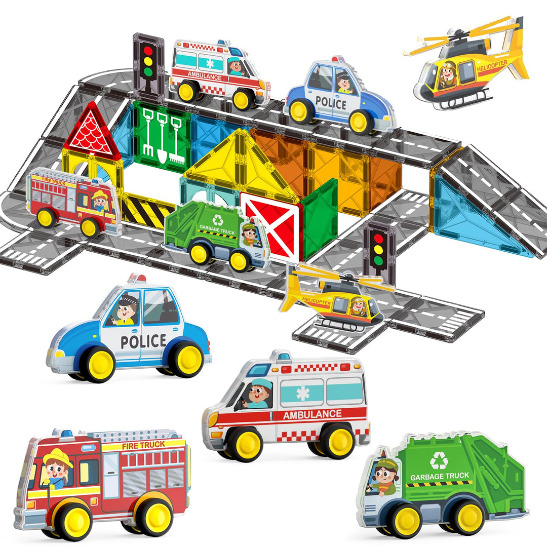 Oriate Stadt Magnetische Magnet Bausteine Spielzeug Set，Rollende Cars Kompatibel Mit Magnetbausteine