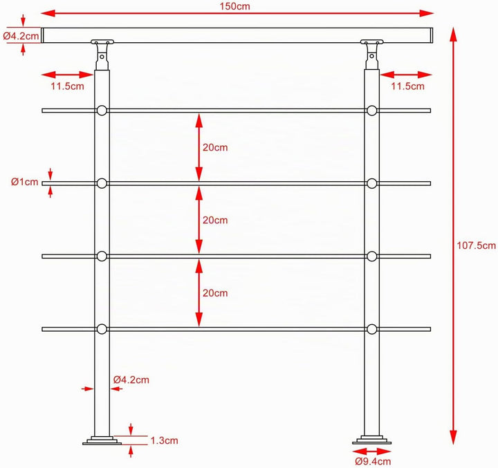 MONZANA® Treppengeländer Edelstahl Pflegeleicht 150cm mit 4 Querstreben Innen und Aussen Handlauf Ge