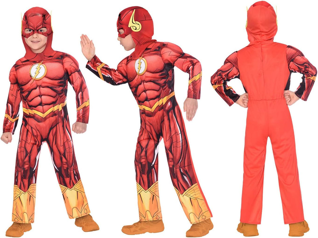 amscan - Kinderkostüm The Flash, Overall mit ausgepolsterter Brust, Maske, Serie, DC Super Heroes, M