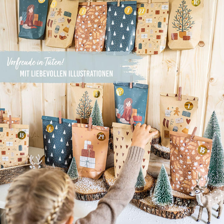Papierdrachen Adventskalender 2025 zum Befüllen - 24 braune & petrolfarbene bedruckte Geschenktüten