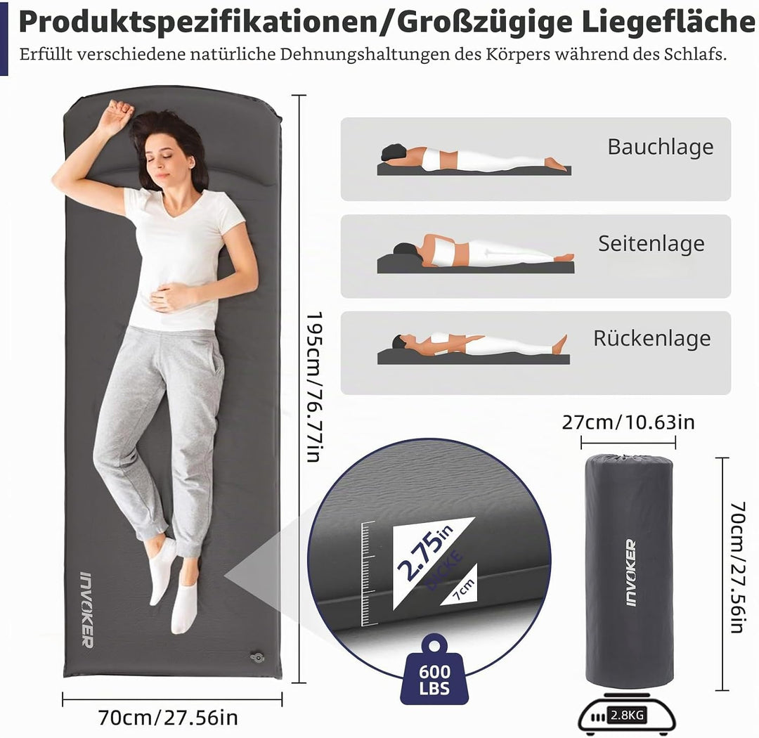 Selbstaufblasende Camping-Schlafmatte aus Elastischer-Schaum - Polster mit eingebautem Kissen, ultra