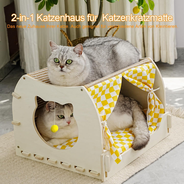 Katzenhöhle Katzenbett in Katzenzelt, 2-in-1 Kratz Sisal & Katzenhaus (S, Doppelschicht Katzenhütte)