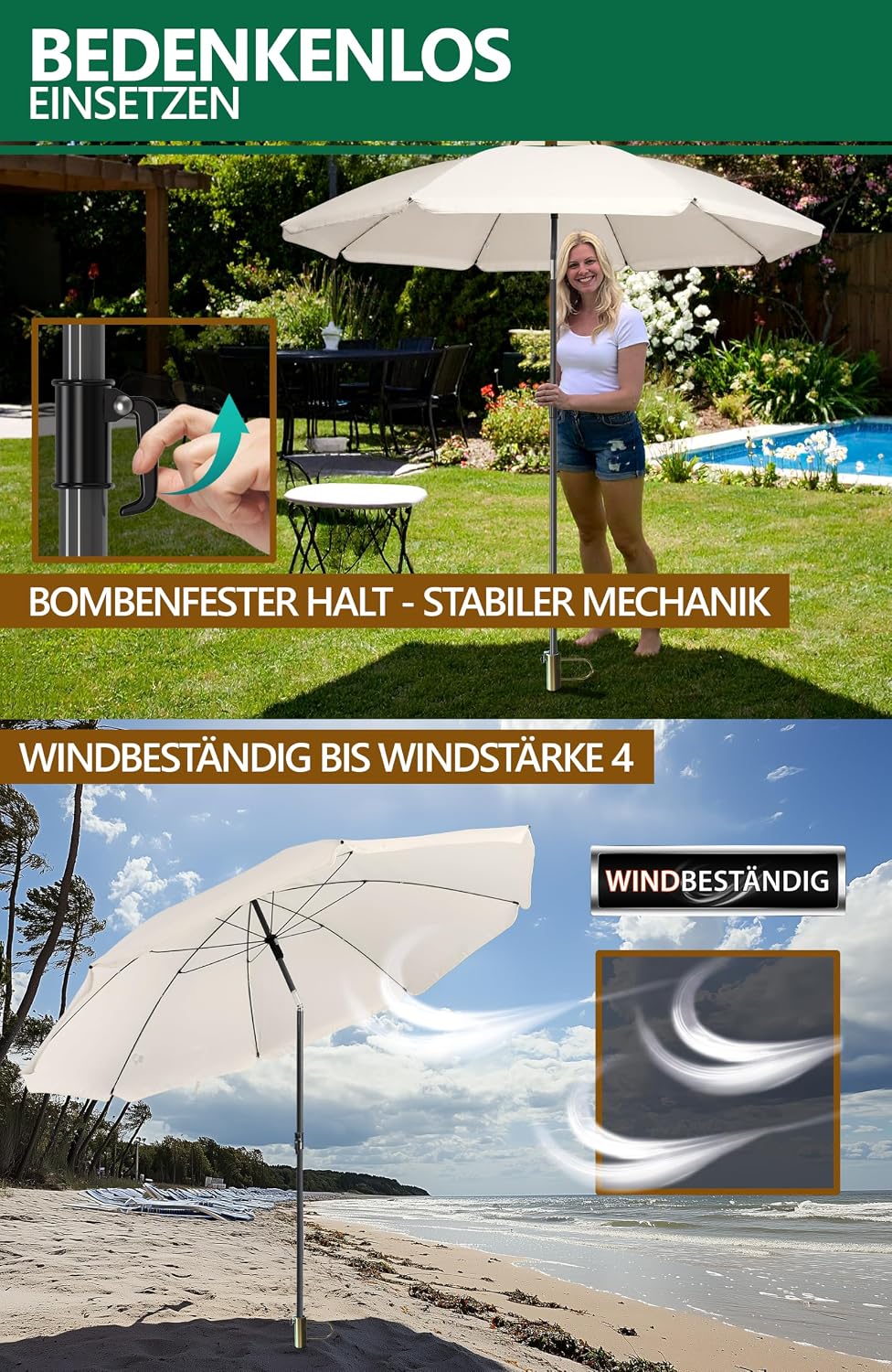 4smile Sonnenschirm Strand SunnyJoy Modern im 3er-Set, Beige - Strandschirm windfest stabil 180 cm +